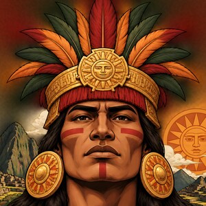Inca King Poster, Inti Sun God and Machu Picchu, Peruvian Wall Art Print image 1