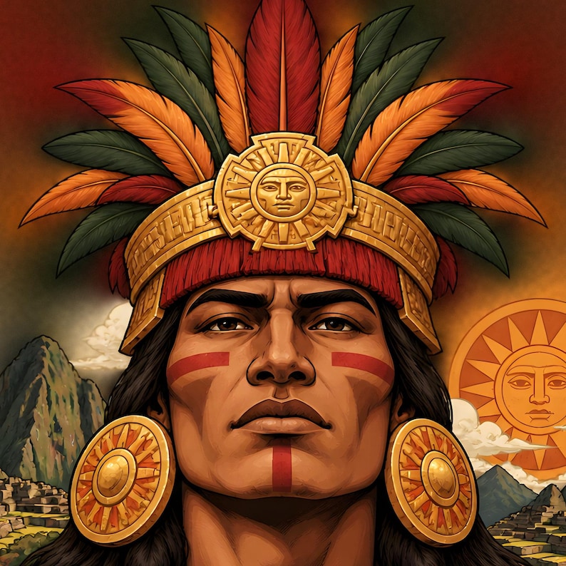 Inca King Poster, Inti Sun God and Machu Picchu, Peruvian Wall Art Print image 1