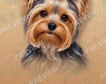 May include: A digital painting of a Yorkshire Terrier dog with tan and black fur. The dog has a small topknot on its head, dark brown eyes, and a black nose. The artwork features visible brushstroke textures against a light tan background.