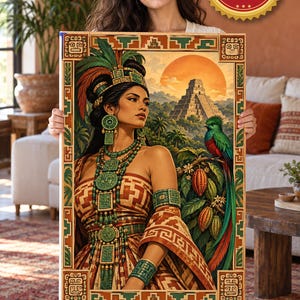 Maya Woman with Quetzal Canvas Wall Art, Guatemala Mayan Pyramid at Sunset, Ready to Hang Latin American Art, Mayan Decor Gift for Mom