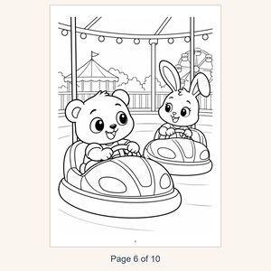 Kids Coloring Book Printable, Cute Animals at the Amusement Park Coloring Pages, 10 Page PDF for Children, Instant Download Kids Activity image 8