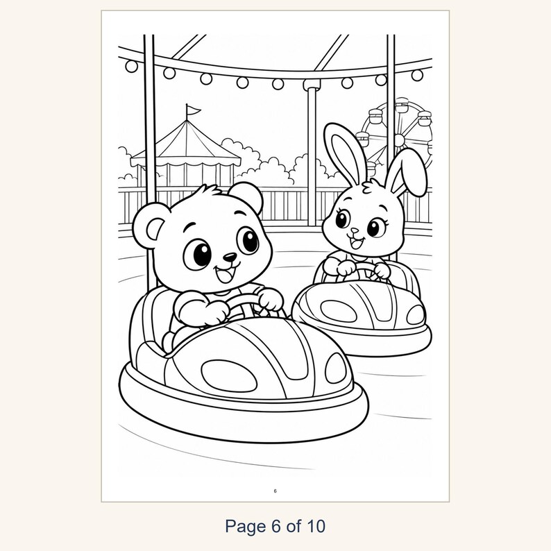 Kids Coloring Book Printable, Cute Animals at the Amusement Park Coloring Pages, 10 Page PDF for Children, Instant Download Kids Activity image 8