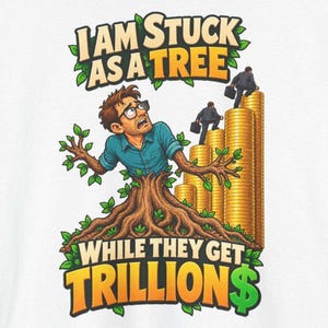 May include: A graphic print on a white background featuring a person with brown hair and glasses whose torso is transforming into a tree trunk. The text reads I AM STUCK AS A TREE WHILE THEY GET TRILLION$. Two figures in suits climb stacks of gold coins.