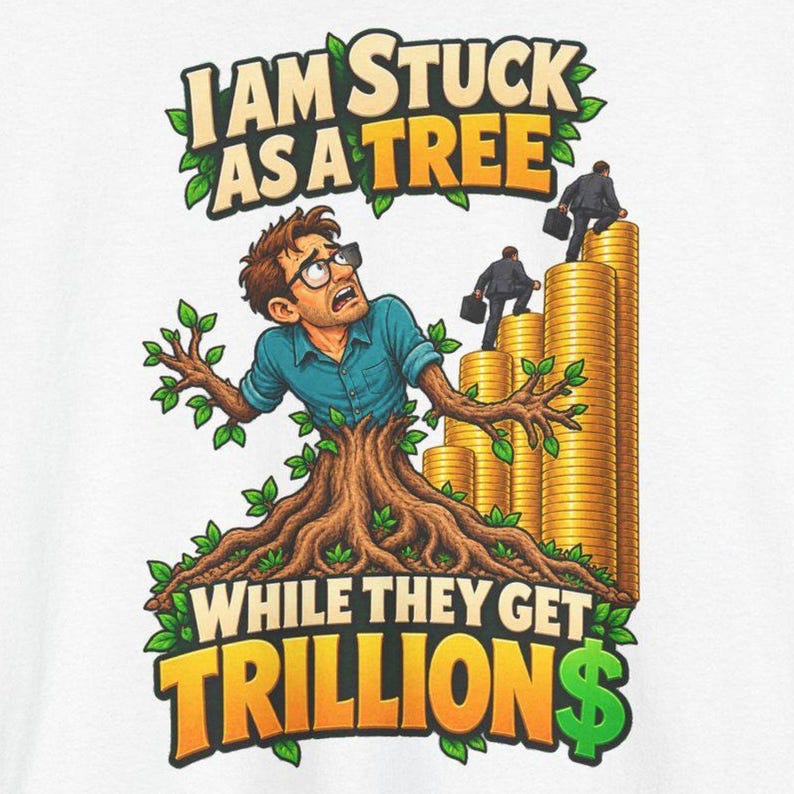 May include: A graphic print on a white background featuring a person with brown hair and glasses whose torso is transforming into a tree trunk. The text reads I AM STUCK AS A TREE WHILE THEY GET TRILLION$. Two figures in suits climb stacks of gold coins.