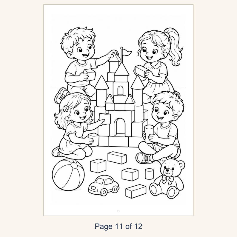 May include: A black and white coloring page illustration featuring four children building a large block castle. The scene includes scattered building blocks, a toy car, a ball, and a teddy bear on the floor. The text at the bottom reads Page 11 of 12.