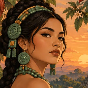 Mexican wall art, Mayan woman with a toucan and jungle pyramid at sunset, matte poster. A person with dark braided hair wearing a wide headband and large circular drop earrings made of light green stone segments with gold accents.