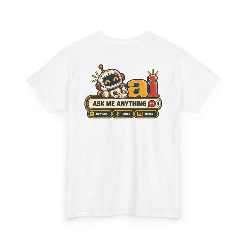 Camiseta divertida anti-IA, mujer de pelo plateado con caja de chat, estampado de robot en la espalda (100% algodón) imagen 12