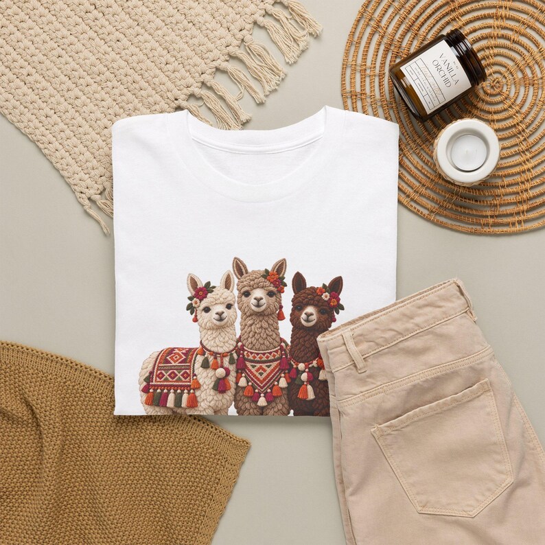 May include: A white t-shirt featuring a graphic print of three llamas in cream, tan, and dark brown. Each llama wears a colorful patterned blanket with tassels and a floral headpiece. The design is centered on the chest of the shirt.