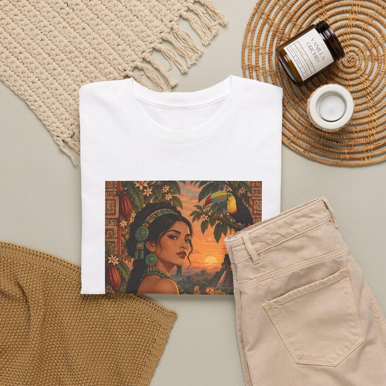 Mayan Woman T-Shirt with Toucan and Sunset Pyramid, Latina Graphic Tee for Women, Guatemala Mexico Art Shirt, Tropical Bird Heritage Gift image 9