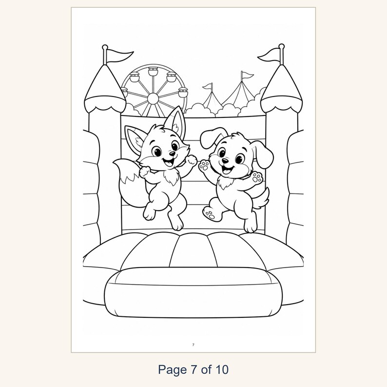 Kids Coloring Book Printable, Cute Animals at the Amusement Park Coloring Pages, 10 Page PDF for Children, Instant Download Kids Activity image 9