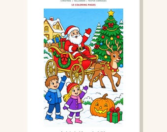 May include: A coloring book titled Santa's Holiday Magic featuring 15 coloring pages. The cover shows Santa in a red sleigh pulled by a reindeer, a decorated Christmas tree, a jack-o'-lantern, and two children in winter clothing.