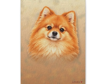 May include: A rectangular canvas print featuring a detailed portrait of a fluffy orange Pomeranian dog with dark eyes and a black nose. The background is a textured light tan color. The text LOVEU with a small red heart is printed in the bottom corner.
