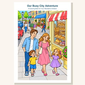 City Coloring Book Printable for Kids, Family Walk in Town Coloring Pages, Bakery Market Bus Stop Shops, 13 Page PDF, Instant Download