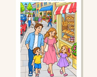 City Coloring Book Printable for Kids, Family Walk in Town Coloring Pages, Bakery Market Bus Stop Shops, 13 Page PDF, Instant Download