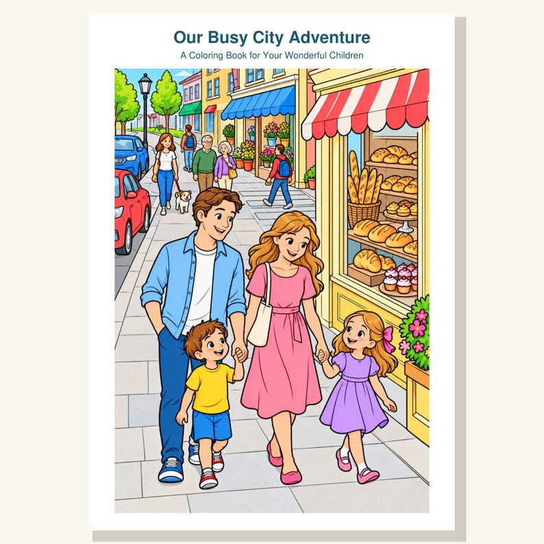 Puede incluir: Un libro para colorear titulado Our Busy City Adventure: A Coloring Book for Your Wonderful Children. La portada presenta una ilustraci&oacute;n de dibujos animados de una familia caminando por una acera frente a una panader&iacute;a con pan en el escaparate.