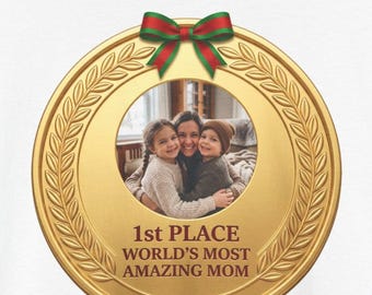 Custom Mom Photo Shirt, World's Most Amazing Mom Gold Medal Tee, Personalized Christmas Gift for Mom