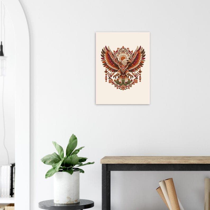 Impressão de arte folclórica mexicana, pôster de águia asteca e sol, decoração de parede de cacto imagem 3