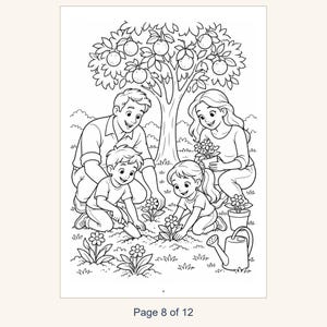 May include: A black and white coloring page illustration featuring a family of four gardening together under a fruit tree. The scene includes a parent, a child, and a watering can, with the text Page 8 of 12 printed at the bottom.