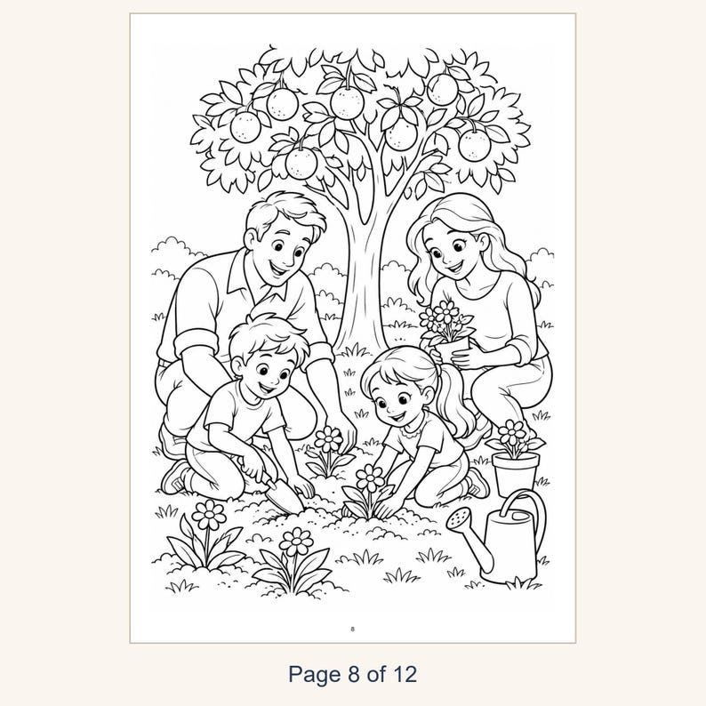 May include: A black and white coloring page illustration featuring a family of four gardening together under a fruit tree. The scene includes a parent, a child, and a watering can, with the text Page 8 of 12 printed at the bottom.
