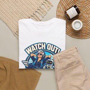 Watch Out I'm on Autopilot Now T-Shirt for Women, Funny Female Pilot Graphic Tee with Robot Copilot, Aviation Gift for Her, Pilot Mom image 6