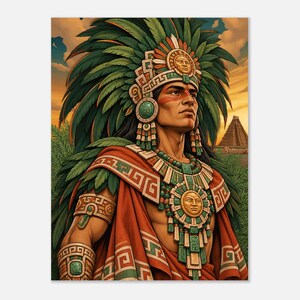 Aztec warrior with green feather headdress, matte poster.
