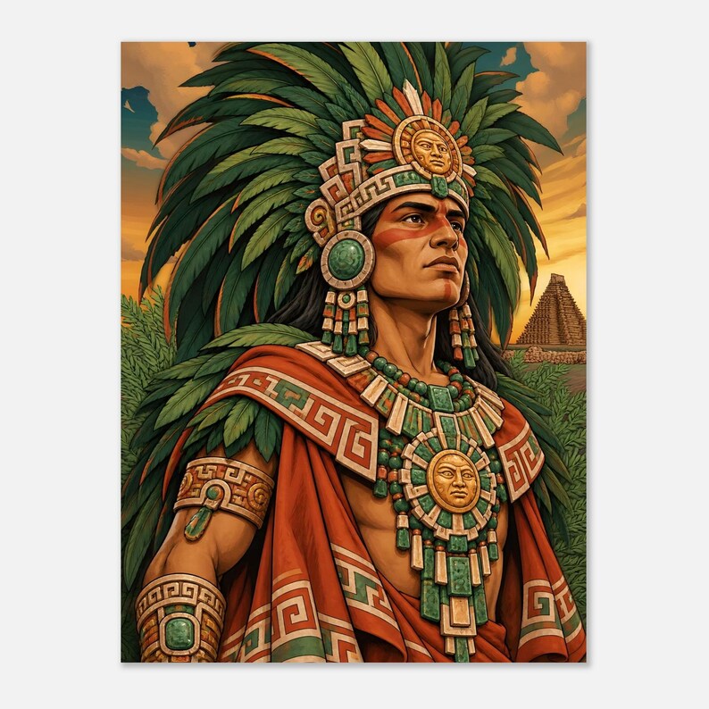 Aztec warrior with green feather headdress, matte poster.
