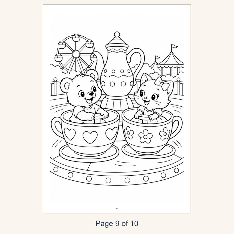 Kids Coloring Book Printable, Cute Animals at the Amusement Park Coloring Pages, 10 Page PDF for Children, Instant Download Kids Activity image 11