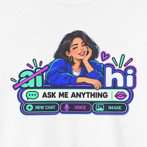 Anti AI Chat Box Tee, Neon Robot Back Print, Funny Gift for Her image 1