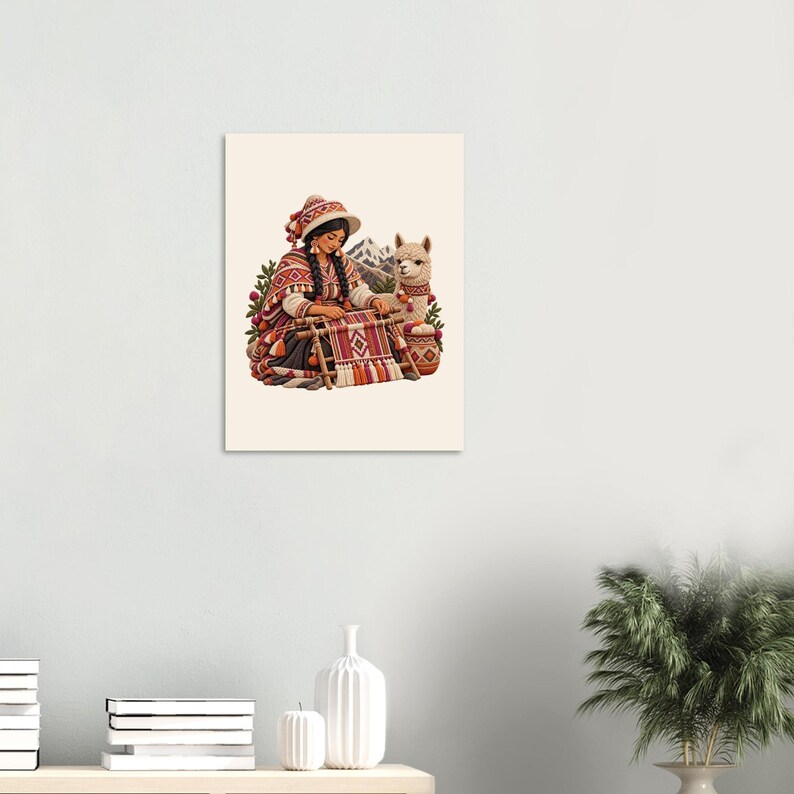 Estampe d'art populaire péruvien, affiche représentant une tisserande andine et un lama, femme au métier à tisser image 8