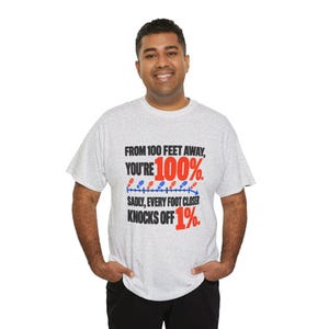 May include: A light gray short-sleeve t-shirt featuring black and red text that reads: FROM 100 FEET AWAY, YOU'RE 100%. SADLY, EVERY FOOT CLOSER KNOCKS OFF 1%. A blue line with alternating red and blue footprint icons is included.