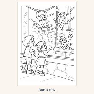 May include: A black and white coloring page illustration featuring two children standing before a glass enclosure, observing three monkeys climbing on ropes and wooden structures. The bottom center of the page displays the text Page 4 of 12.