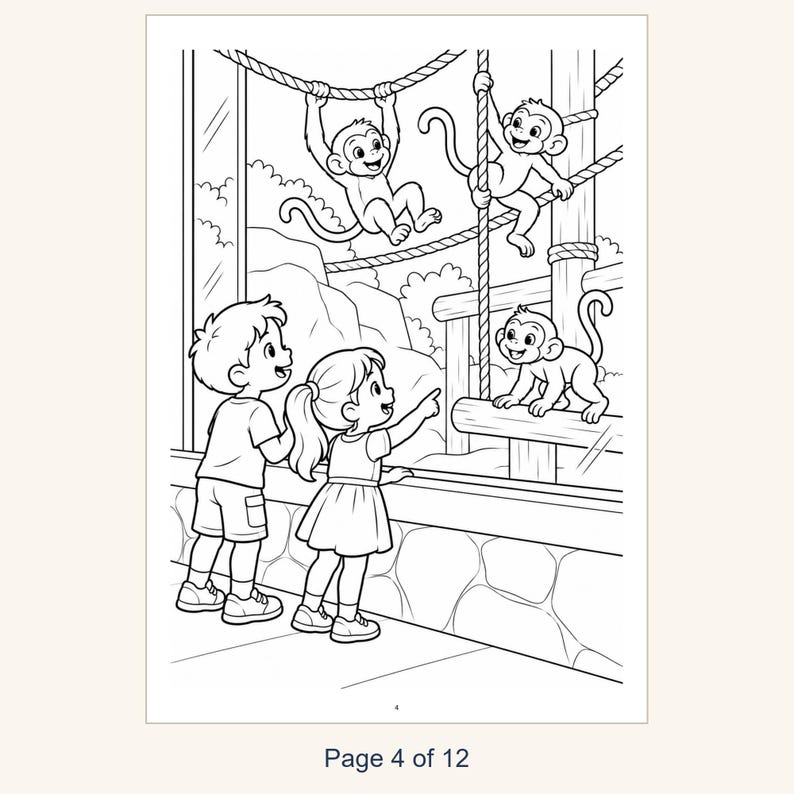 May include: A black and white coloring page illustration featuring two children standing before a glass enclosure, observing three monkeys climbing on ropes and wooden structures. The bottom center of the page displays the text Page 4 of 12.
