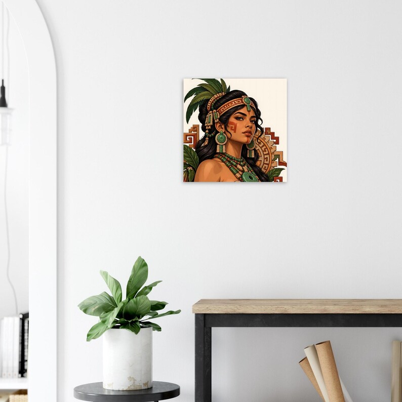 Mayan woman portrait with jade earrings and red face paint, square poster. A square wall art print featuring a portrait of a person with dark hair adorned with green feathers, a patterned headband, and large circular earrings.