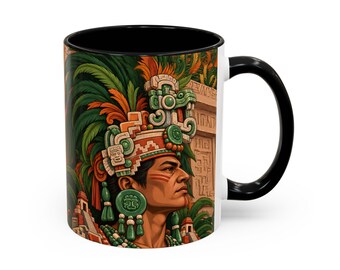 Mayan Warrior Coffee Mug with Jade Headdress and Quetzal Feathers, Mexican Mug, Mayan Art Mug with Black Red or Navy Inside, Gift for Him