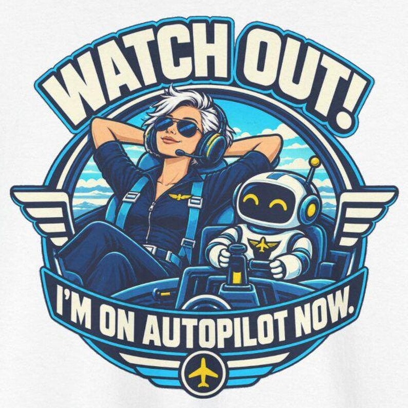 May include: A graphic illustration featuring a pilot with white hair, sunglasses, and headphones sitting in a cockpit next to a small robot. The text reads WATCH OUT! I'M ON AUTOPILOT NOW. The design is framed by blue circular wings.