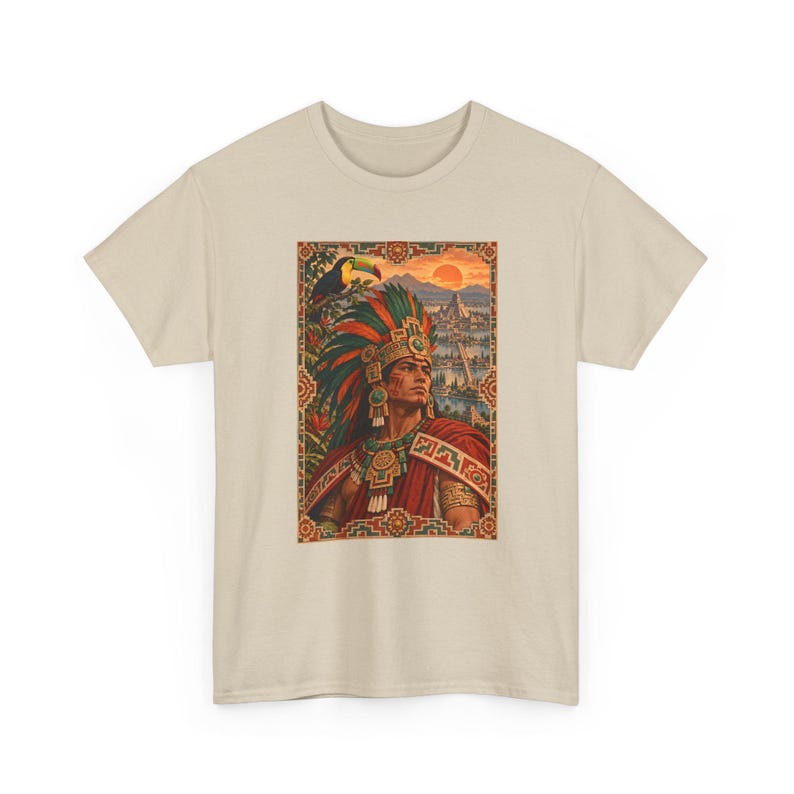 Aztec Warrior T-Shirt with Toucan and Tenochtitlan City, Mexican Heritage Graphic Tee, Chicano Art Shirt, Aztec History Gift for Dad image 4
