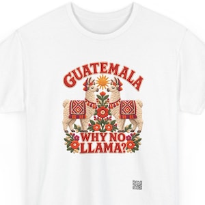 Guatemala shirt, Two llamas under the Guatemala Why No Llama rhyme, front print of the t-shirt. A white t-shirt featuring a graphic of two llamas facing each other, surrounded by colourful flowers and a sun.