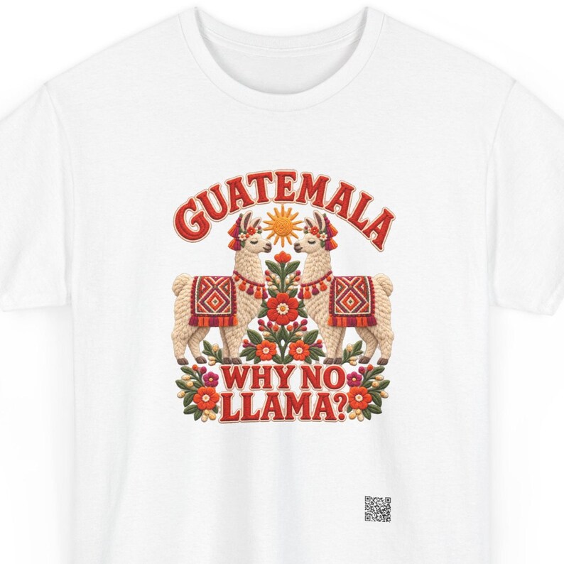 Guatemala shirt, Two llamas under the Guatemala Why No Llama rhyme, front print of the t-shirt. A white t-shirt featuring a graphic of two llamas facing each other, surrounded by colourful flowers and a sun.