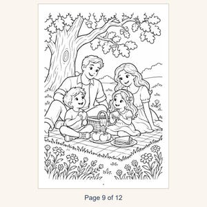 May include: A black and white coloring page illustration featuring a family of four having a picnic on a checkered blanket under a large oak tree. The scene includes a picnic basket, apples, and sandwiches, surrounded by flowers and grass.