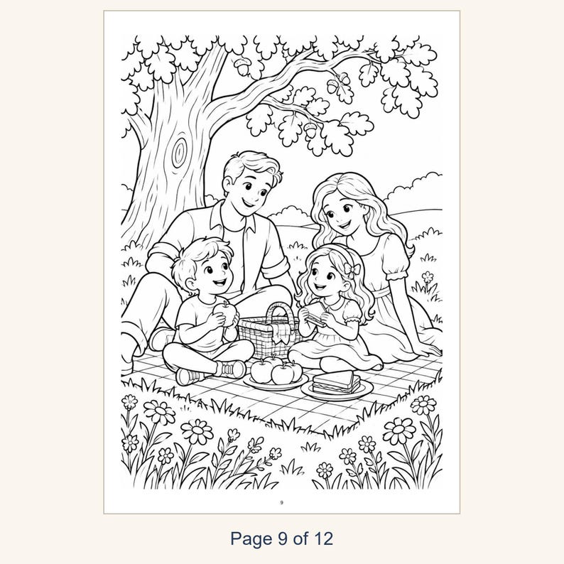 May include: A black and white coloring page illustration featuring a family of four having a picnic on a checkered blanket under a large oak tree. The scene includes a picnic basket, apples, and sandwiches, surrounded by flowers and grass.