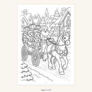 May include: A black and white coloring page illustration featuring Santa Claus and two children riding in a horse-drawn sleigh filled with wrapped gifts. The scene is set in a snowy village with houses, trees, and the number 11 at the bottom.