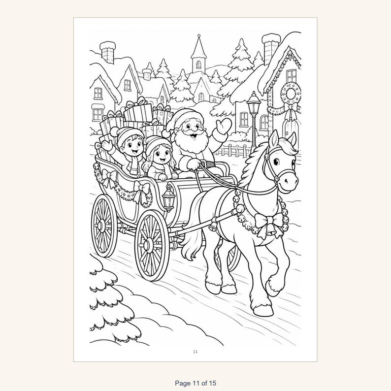 May include: A black and white coloring page illustration featuring Santa Claus and two children riding in a horse-drawn sleigh filled with wrapped gifts. The scene is set in a snowy village with houses, trees, and the number 11 at the bottom.