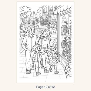 Puede incluir: Una ilustraci&oacute;n en blanco y negro para colorear que muestra a una familia de cuatro personas caminando frente al escaparate de una tienda con tres bicicletas. La escena incluye una calle con &aacute;rboles, peatones, coches y el texto Page 12 of 12.