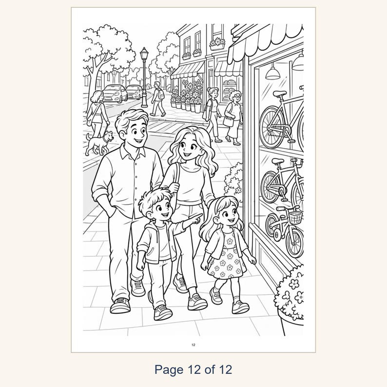 Puede incluir: Una ilustraci&oacute;n en blanco y negro para colorear que muestra a una familia de cuatro personas caminando frente al escaparate de una tienda con tres bicicletas. La escena incluye una calle con &aacute;rboles, peatones, coches y el texto Page 12 of 12.