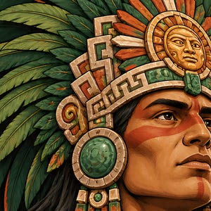 Puede incluir: Un retrato de una persona con un tocado elaborado que presenta largas plumas verdes, una talla de piedra central en forma de sol y una gran piedra preciosa circular de color turquesa. El rostro tiene marcas de pintura roja.