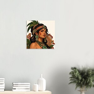 Mayan woman portrait with jade earrings and red face paint, square poster. A digital illustration of a person with dark hair wearing a green and gold headband, large circular green earrings, and a layered beaded necklace.