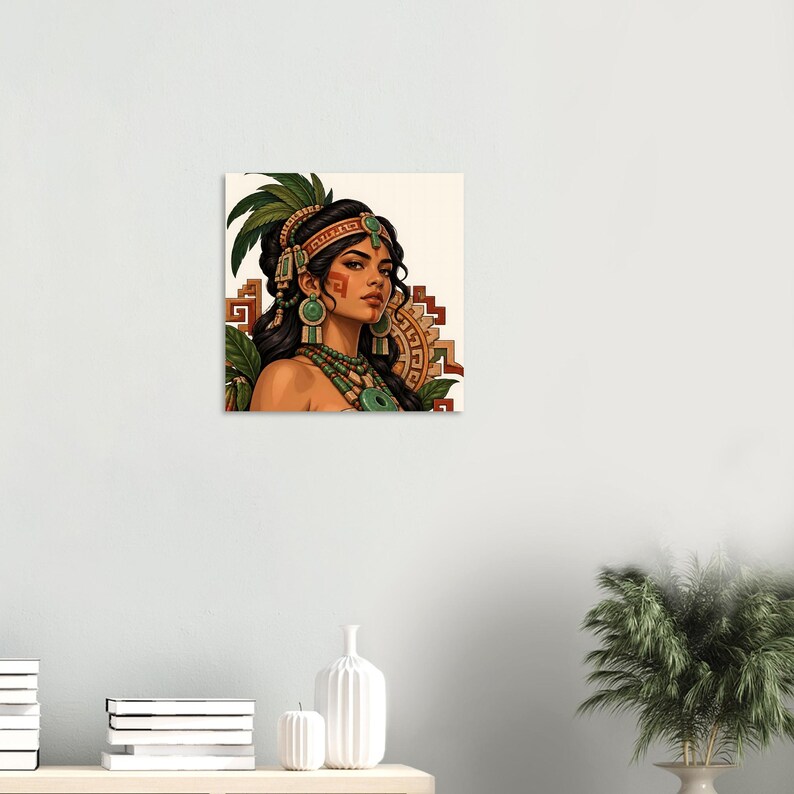 Mayan woman portrait with jade earrings and red face paint, square poster. A digital illustration of a person with dark hair wearing a green and gold headband, large circular green earrings, and a layered beaded necklace.