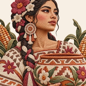 May include: An embroidered portrait of a person with dark braided hair adorned with red and white flowers, wearing large circular earrings, a patterned top, and holding a ceramic pot, flanked by stalks of corn with orange kernels.