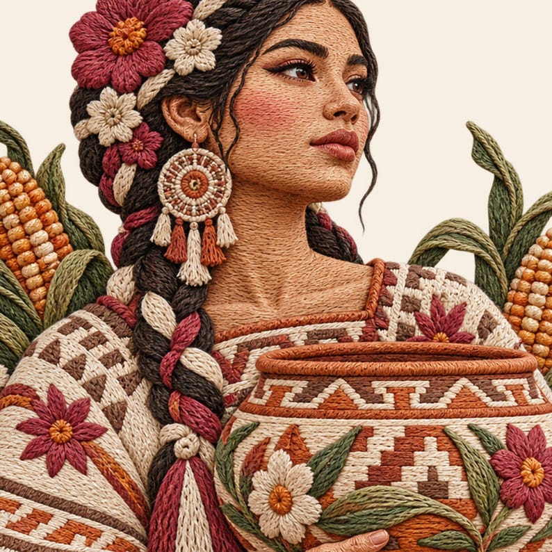 May include: An embroidered portrait of a person with dark braided hair adorned with red and white flowers, wearing large circular earrings, a patterned top, and holding a ceramic pot, flanked by stalks of corn with orange kernels.