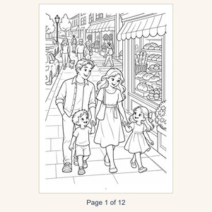 Puede incluir: Una p&aacute;gina para colorear en blanco y negro que muestra a una familia de cuatro personas caminando frente a una panader&iacute;a. La escena incluye a dos padres, un ni&ntilde;o peque&ntilde;o y una ni&ntilde;a peque&ntilde;a tomados de la mano en una acera. El escaparate muestra varios panes y pasteles. El texto Page 1 of 12 aparece en la parte inferior.